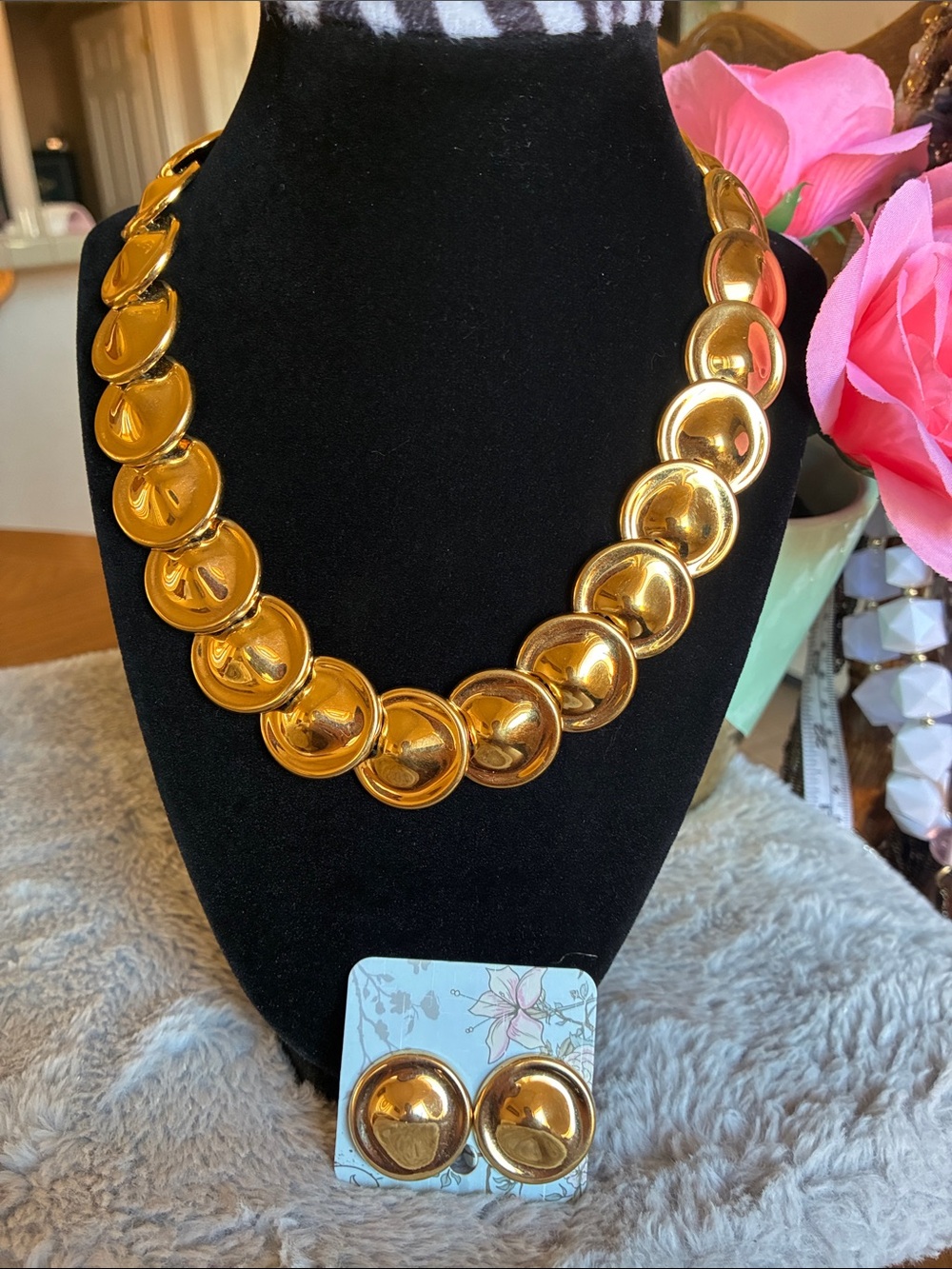 Monet Shiny Gold Disc Necklace with Matching Stud Earrings